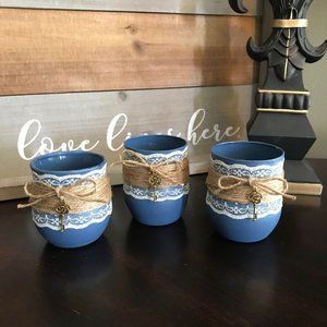 New Set of Three (3) Navy Candle Holders with Lace, Twine, and Gold Key Charm